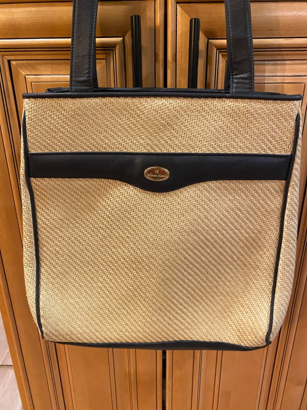 Etienne Aigner Natural Straw Tote with Black Leather Trim